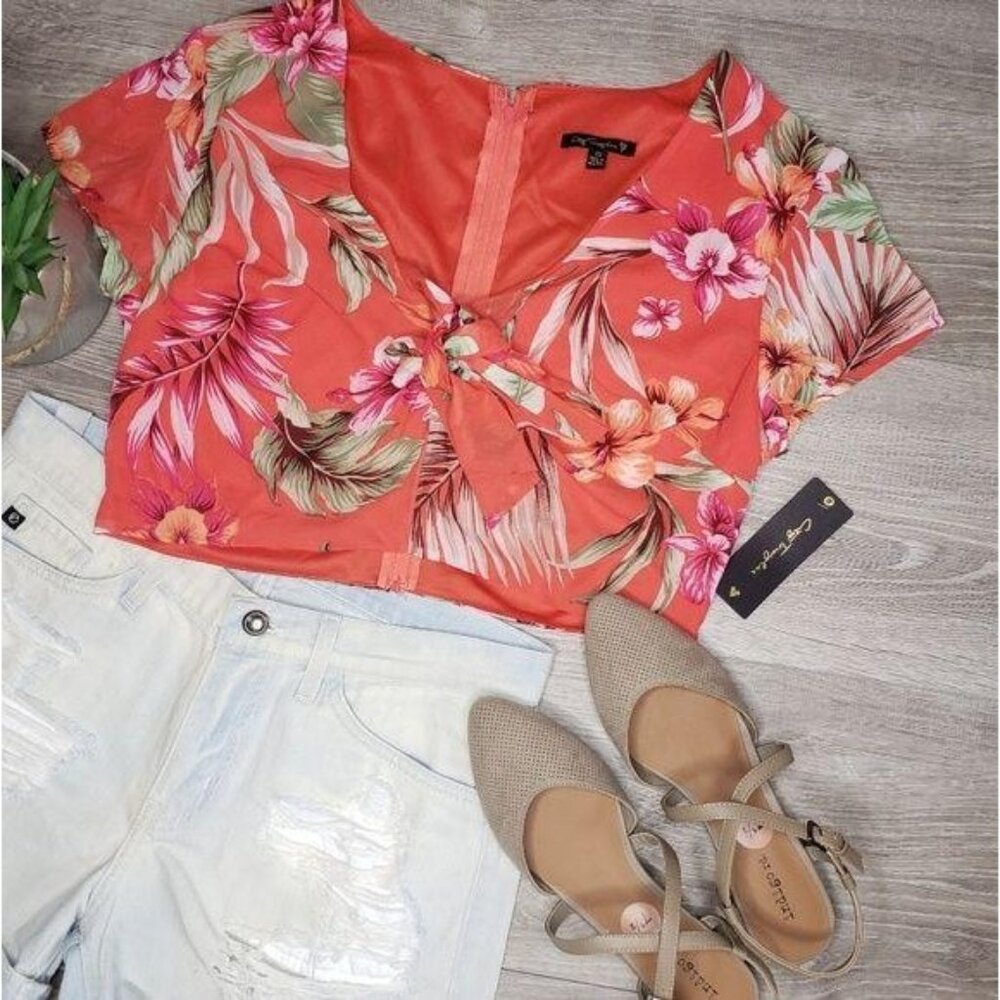 City Triangle Womens Floral Crop Top With Tropical Print Size 13 Coral Short Sle